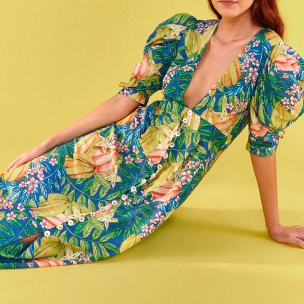 Farm Rio Puff Sleeve Starfruit Midi Dress- See Description